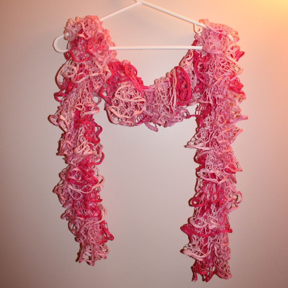Eclectic artsy knit pink fluffy scarf